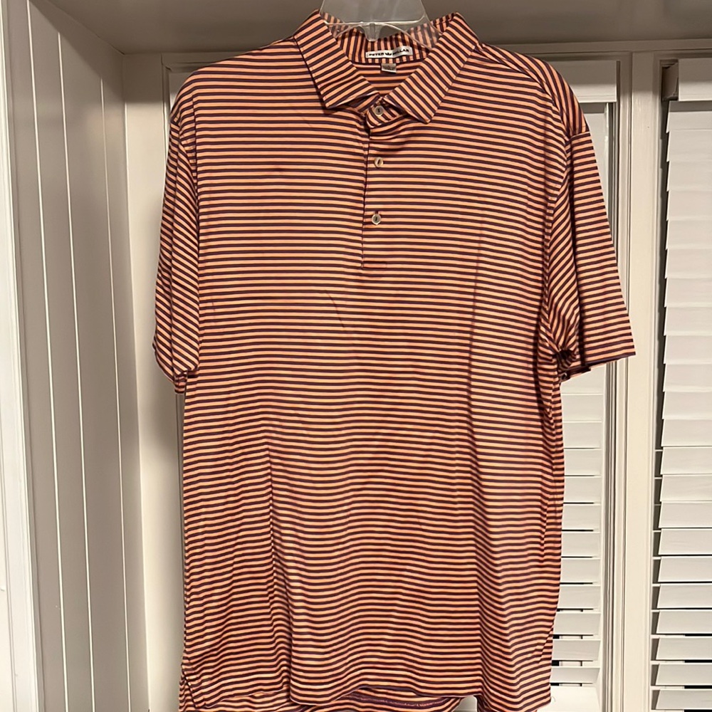 PETER MILLAR MEN’s PURPLE AND ORANGE SHORT SLEEVE POLO COLLARED SHIRT